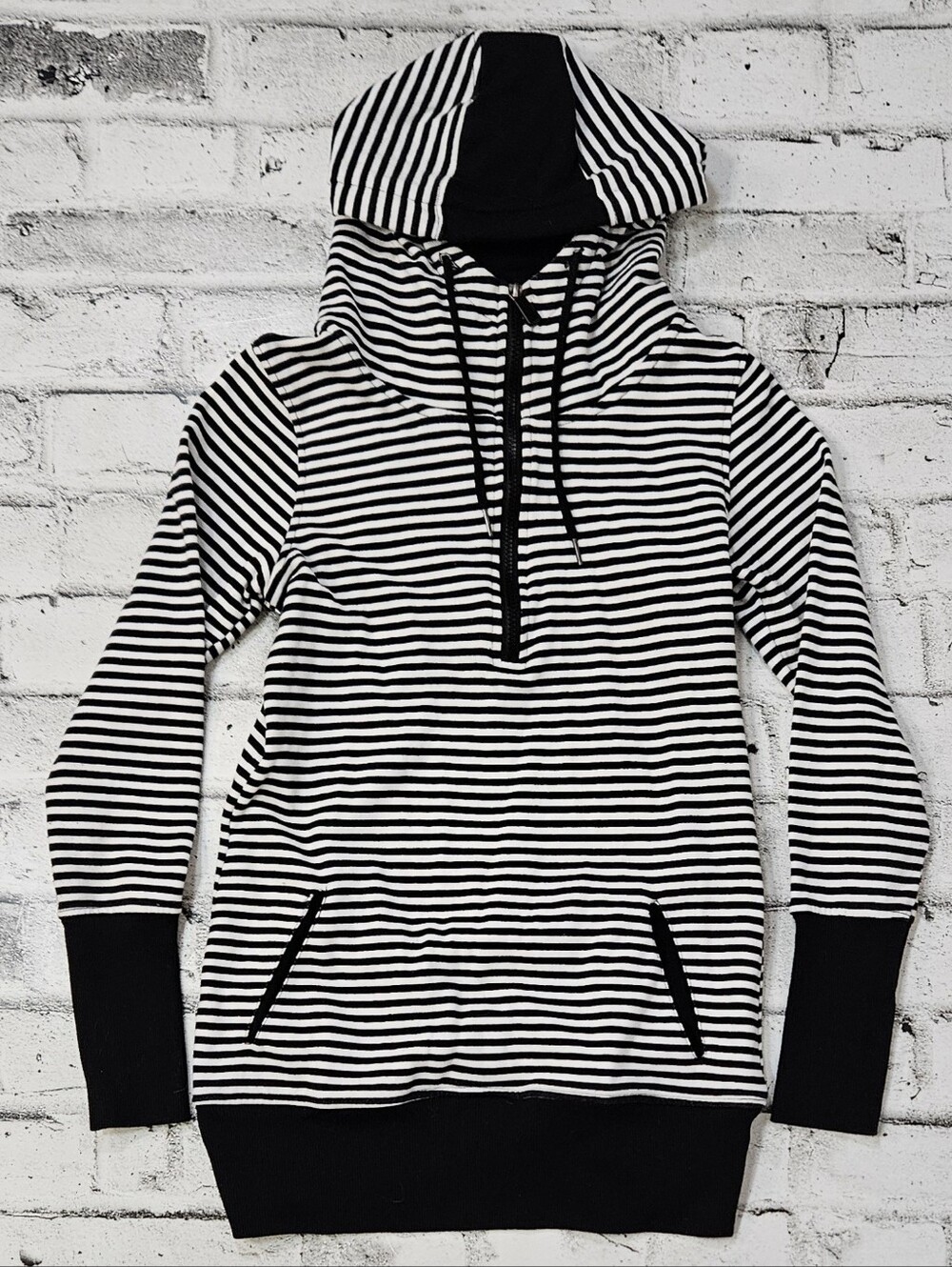 Jo&Co Jeans Striped Half Zip Hoodie Tunic Thumbhole Sweater